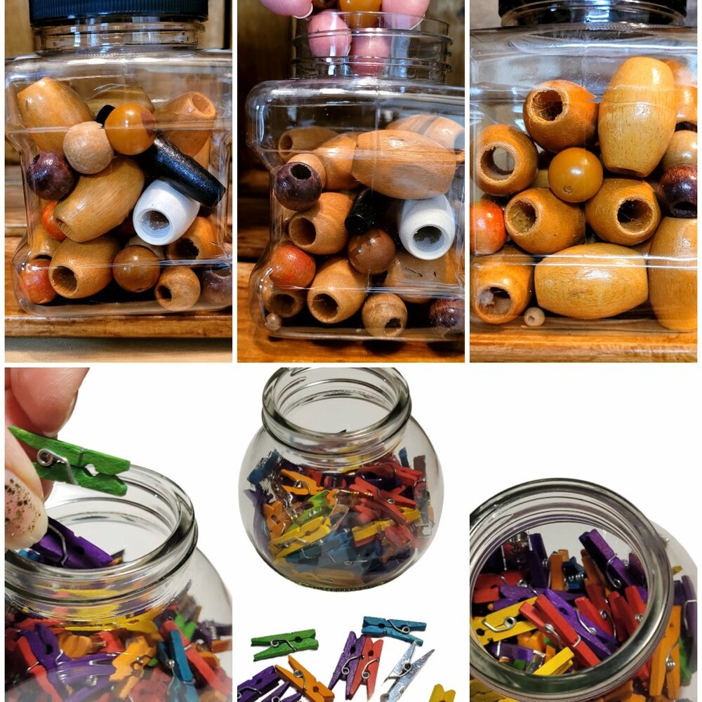 Jug of Multi-Colored Small, Med. Large Wooden Beads & Small Colored Clothespins
